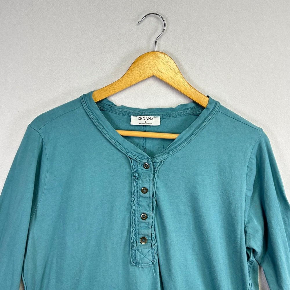 ZENANA Teal Long Sleeve Henley Button Up Casual Tunic Top Size L - Picture 3 of 9